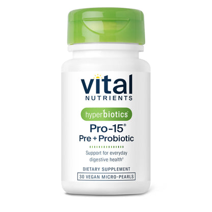 A bottle of Vital Nutrients Hyperbiotics Pro-15 Pre + Probiotic dietary supplement with green lid, white label, and purple text.
