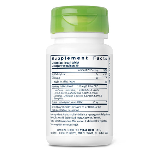 A picture of the supplement facts label on a white bottle with green lid.  