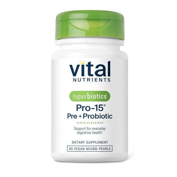 A bottle of Vital Nutrients Hyperbiotics Pro-15 Pre + Probiotic dietary supplement with green lid, white label, and purple text.