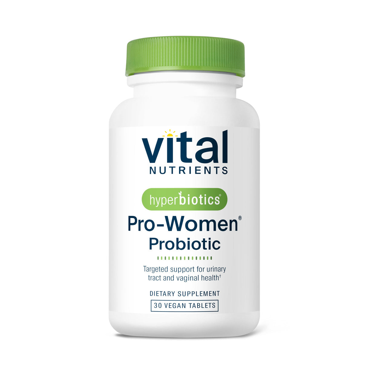 A bottle of Vital Nutrients Hyperbiotics Pro-Women Probiotic with 30 vegan tablets for urinary tract and vaginal health.