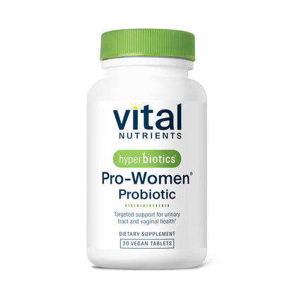A bottle of Vital Nutrients Hyperbiotics Pro-Women Probiotic with 30 vegan tablets for urinary tract and vaginal health.