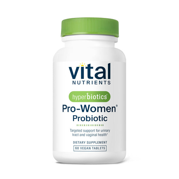A bottle of Vital Nutrients Hyperbiotics Pro-Women Probiotic with 60 vegan tablets for urinary tract and vaginal health.