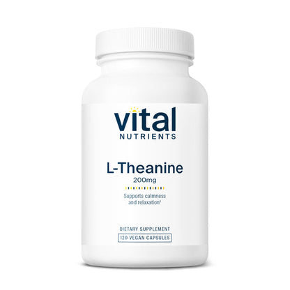 A bottle of Vital Nutrients L-Theanine 200 mg dietary supplement with 120 vegan capsules.