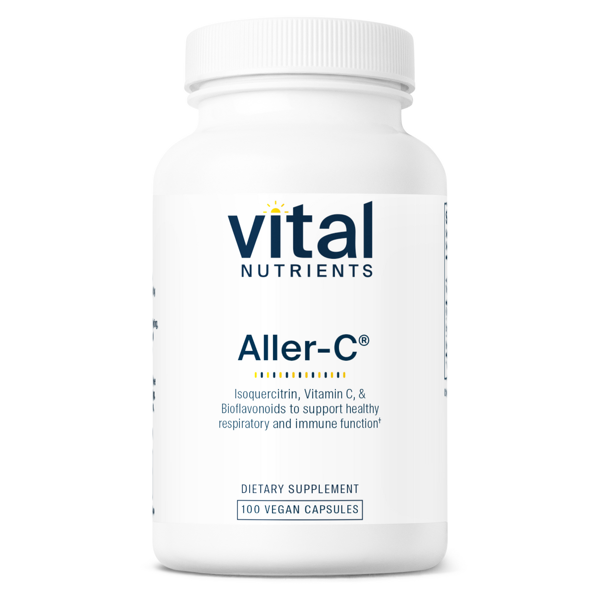A bottle of Vital Nutrients Aller-C dietary supplement with 100 vegan capsules.