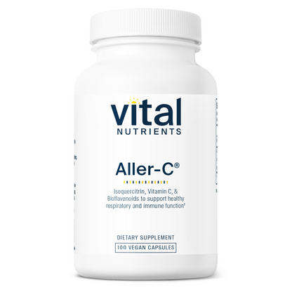 A bottle of Vital Nutrients Aller-C dietary supplement with 100 vegan capsules.
