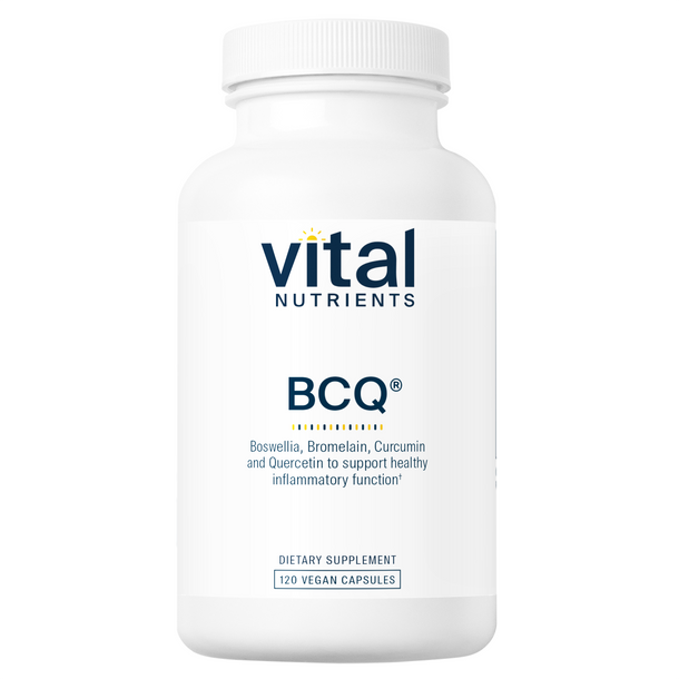 A bottle of Vital Nutrients BCQ dietary supplement with 120 vegan capsules, designed for immune support and resolution of inflammatory responses.