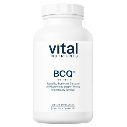 A bottle of Vital Nutrients BCQ dietary supplement with 120 vegan capsules, designed for immune support and resolution of inflammatory responses.