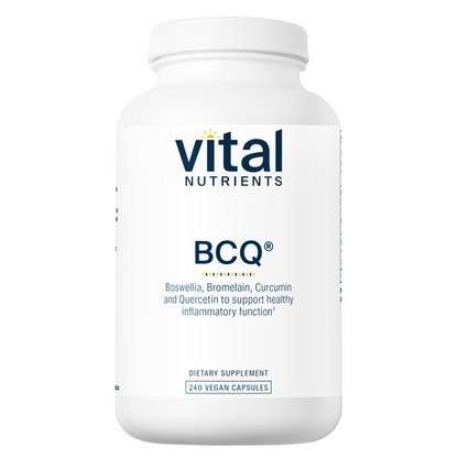 A bottle of Vital Nutrients BCQ dietary supplement with 240 vegan capsules, designed for immune support and resolution of inflammatory responses.
