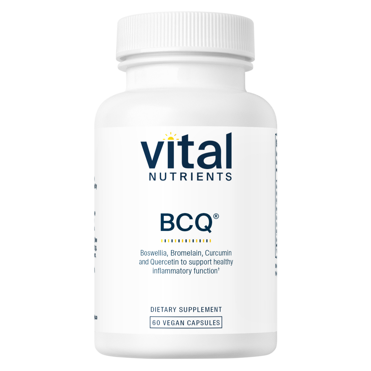 A bottle of Vital Nutrients BCQ dietary supplement with 60 vegan capsules, designed for immune support and resolution of inflammatory responses.