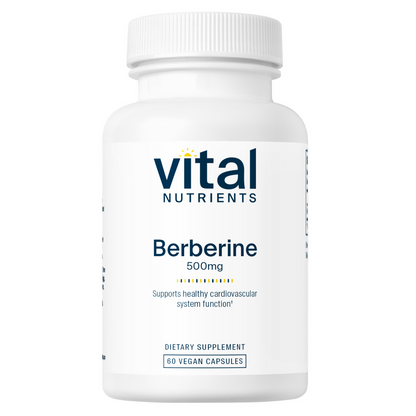 A bottle of Vital Nutrients Berberine 500mg dietary supplement with 60 vegan capsules.