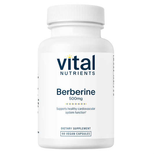 A bottle of Vital Nutrients Berberine 500mg dietary supplement with 60 vegan capsules.