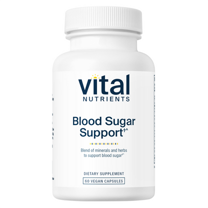 A bottle of Vital Nutrients Blood Sugar Support dietary supplement with 60 vegan capsules.