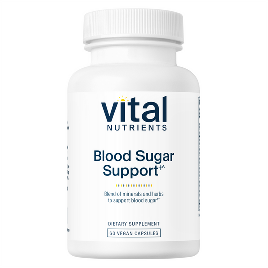 A bottle of Vital Nutrients Blood Sugar Support dietary supplement with 60 vegan capsules.