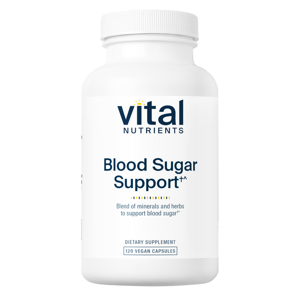 A bottle of Vital Nutrients Blood Sugar Support dietary supplement with 120 vegan capsules.