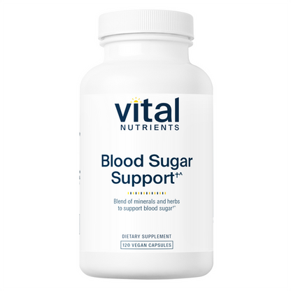 A bottle of Vital Nutrients Blood Sugar Support dietary supplement with 120 vegan capsules.