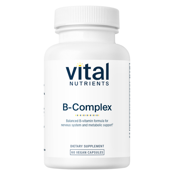 A bottle of Vital Nutrients B-Complex dietary supplement containing 60 vegan capsules.