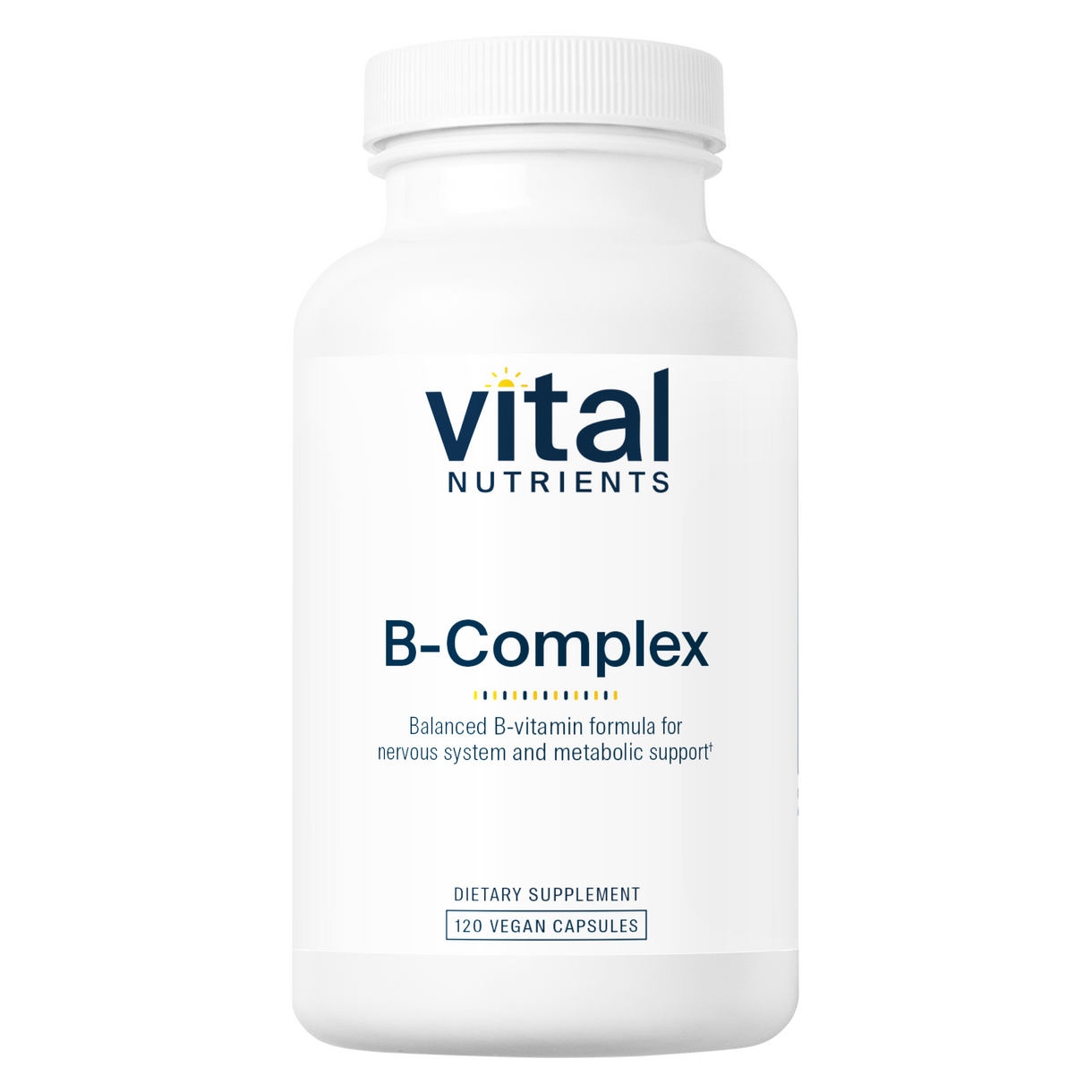 A bottle of Vital Nutrients B-Complex dietary supplement containing 120 vegan capsules.