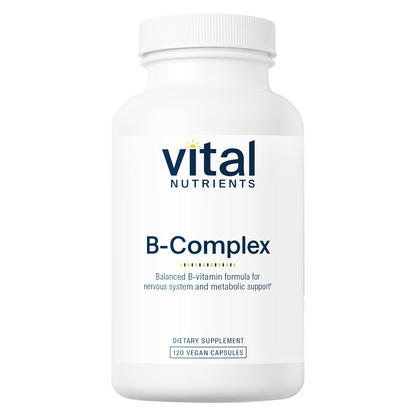 A bottle of Vital Nutrients B-Complex dietary supplement containing 120 vegan capsules.