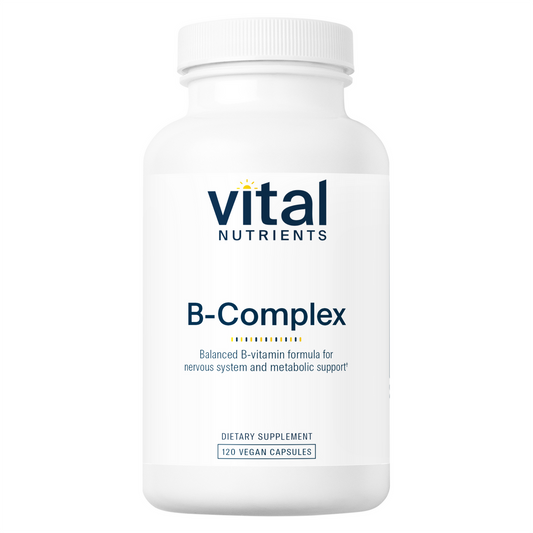 A bottle of Vital Nutrients B-Complex dietary supplement containing 120 vegan capsules.
