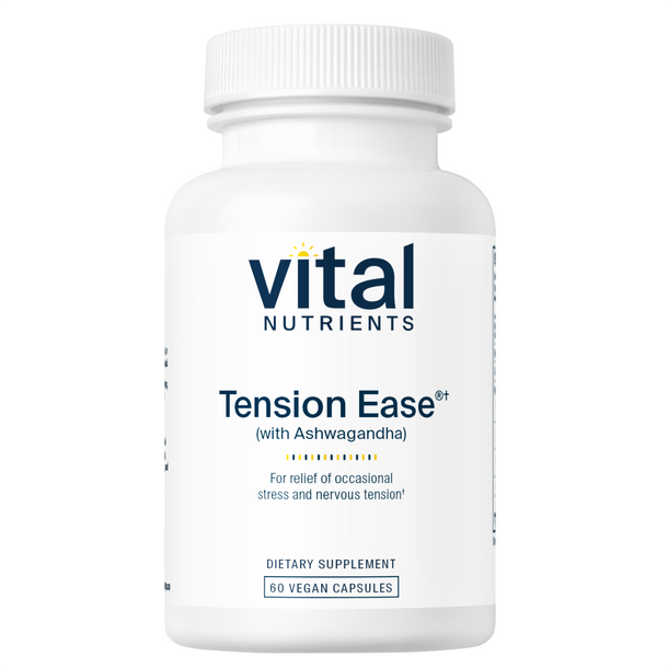 A bottle of Vital Nutrients Tension Ease dietary supplement with Ashwagandha, containing 60 vegan capsules for relief from occasional stress and nervous tension.