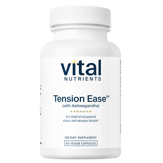A bottle of Vital Nutrients Tension Ease dietary supplement with Ashwagandha, containing 60 vegan capsules for relief from occasional stress and nervous tension.