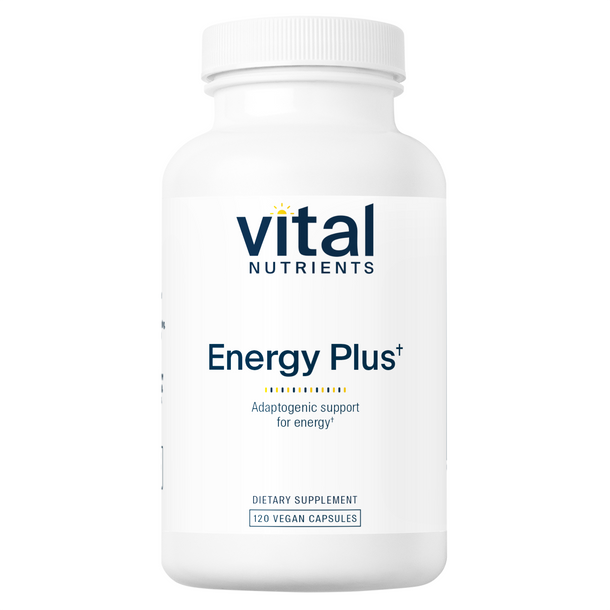A white bottle with a label that reads 'vital NUTRIENTS Energy Plus', indicating it is a dietary supplement with adaptogenic support for energy.