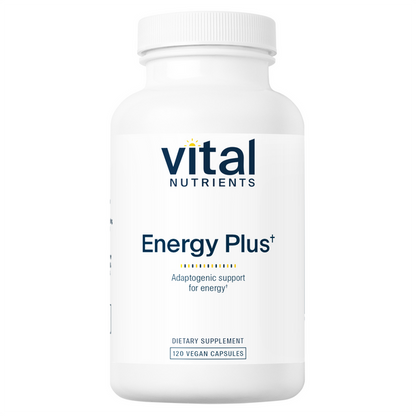 A white bottle with a label that reads 'vital NUTRIENTS Energy Plus', indicating it is a dietary supplement with adaptogenic support for energy.