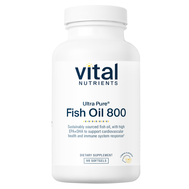 A bottle of Vital Nutrients Ultra Pure Fish Oil 800 softgels with a white label on the front.