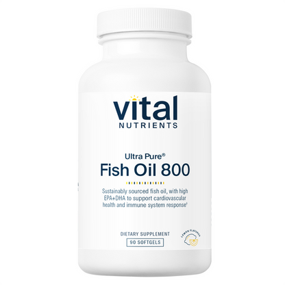 A bottle of Vital Nutrients Ultra Pure Fish Oil 800 softgels with a white label on the front.