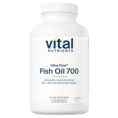 A bottle of Vital Nutrients Ultra Pure Fish Oil 700 softgels with a white label.