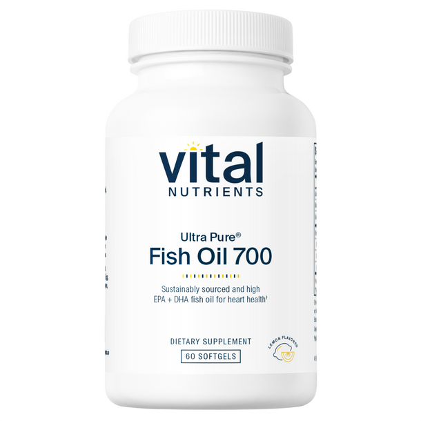 A bottle of Vital Nutrients Ultra Pure Fish Oil 700 softgels with a white label.