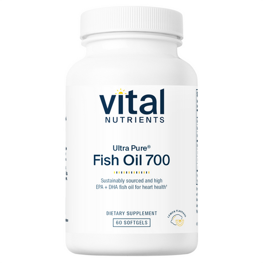 A bottle of Vital Nutrients Ultra Pure Fish Oil 700 softgels with a white label.