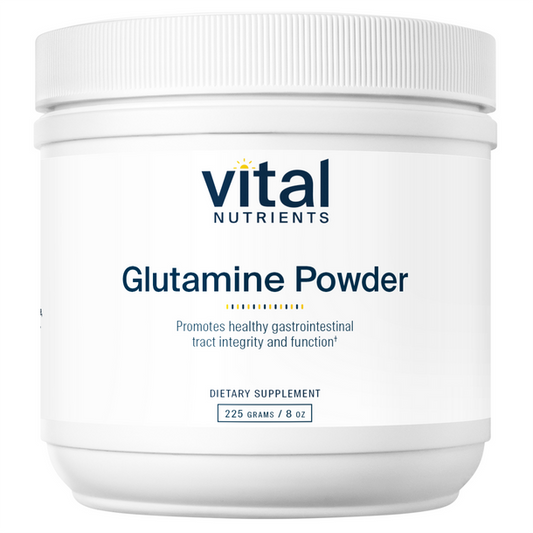 A white container labeled 'vital Nutrients Glutamine Powder' which is stated to promote healthy gastrointestinal tract integrity and function.