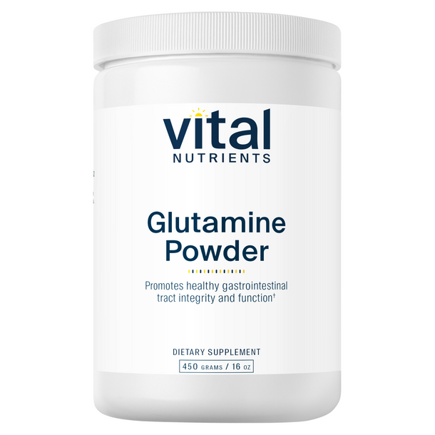 A white container labeled 'vital Nutrients Glutamine Powder' which is stated to promote healthy gastrointestinal tract integrity and function.