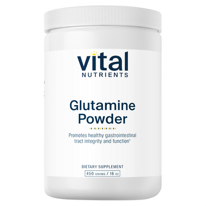 A white container labeled 'vital Nutrients Glutamine Powder' which is stated to promote healthy gastrointestinal tract integrity and function.