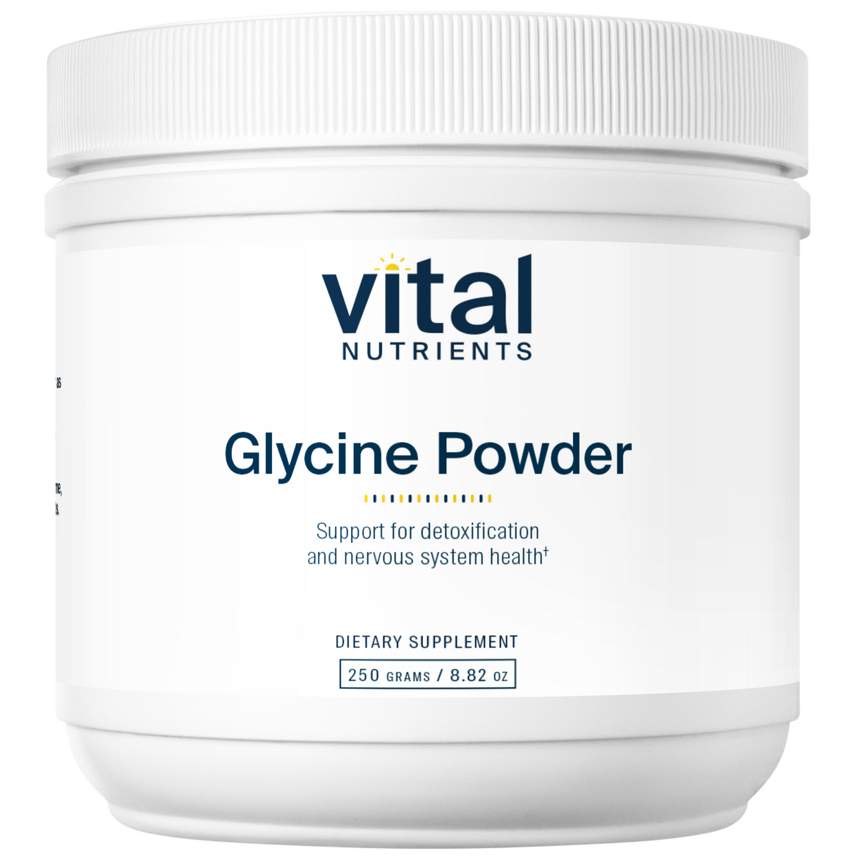 A white plastic container labeled 'Vital Nutrients Glycine Powder', which is a dietary supplement.