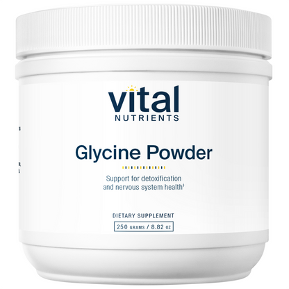A white plastic container labeled 'Vital Nutrients Glycine Powder', which is a dietary supplement.