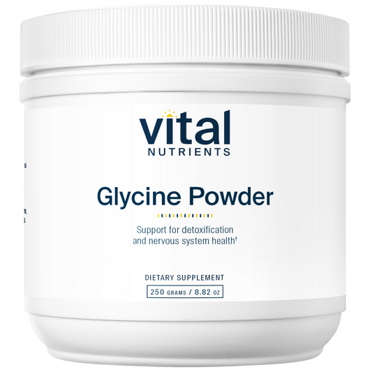 A white plastic container labeled 'Vital Nutrients Glycine Powder', which is a dietary supplement.