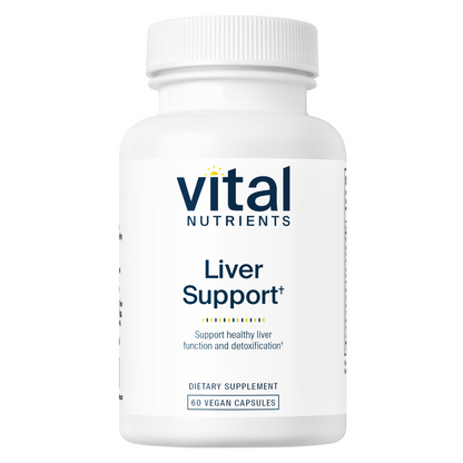 A bottle of Vital Nutrients Liver Support dietary supplement with 90 vegan capsules.