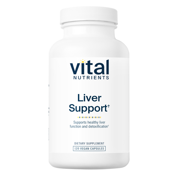 A bottle of Vital Nutrients Liver Support dietary supplement with 90 vegan capsules.