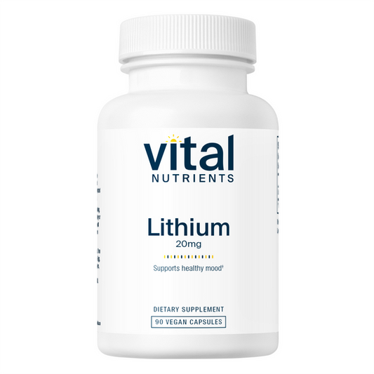 A bottle of Vital Nutrients Lithium 20mg dietary supplement containing 90 vegan capsules, designed to support healthy mood.