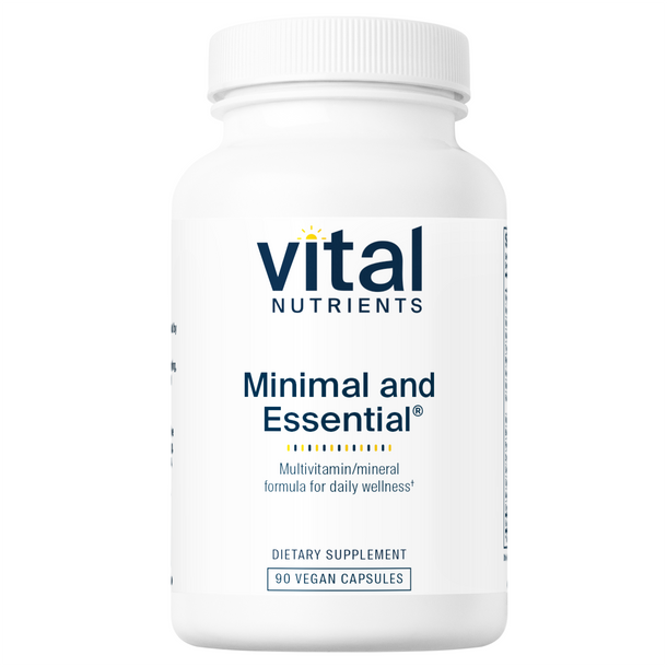 A white bottle of Vital Nutrients Minimal and Essential Multivitamin and Antioxidant Formula with a label that includes the brand name and product name.