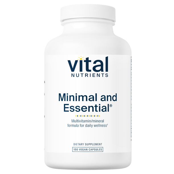 A white bottle of Vital Nutrients Minimal and Essential Multivitamin and Antioxidant Formula with a label that includes the brand name and product name.