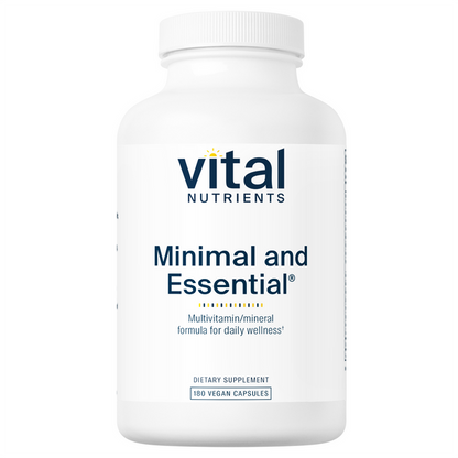 A white bottle of Vital Nutrients Minimal and Essential Multivitamin and Antioxidant Formula with a label that includes the brand name and product name.