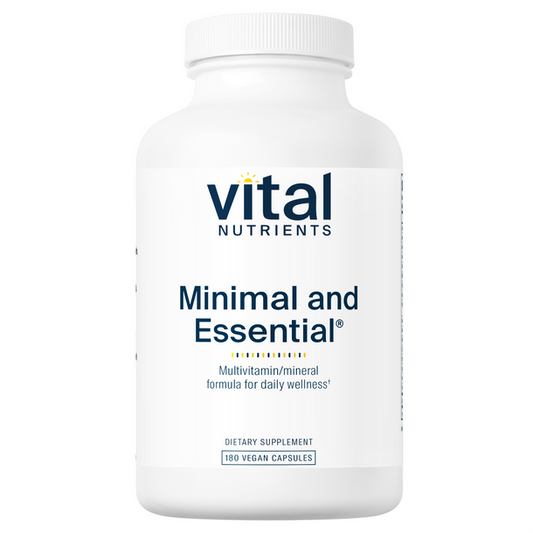 A white bottle of Vital Nutrients Minimal and Essential Multivitamin and Antioxidant Formula with a label that includes the brand name and product name.
