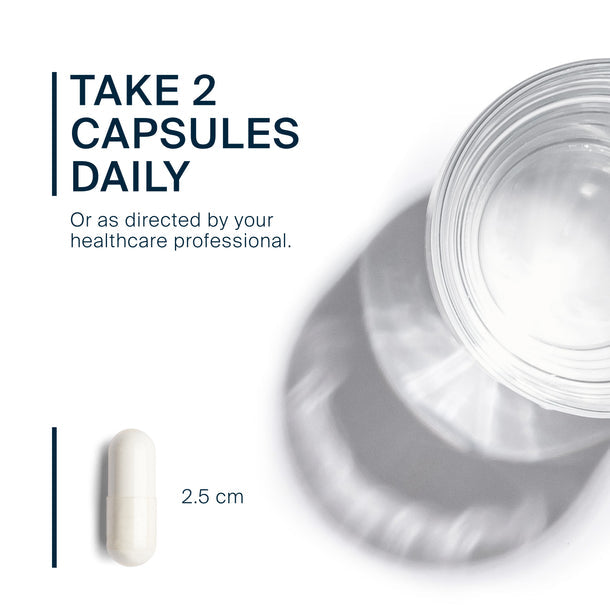A picture of a white 2.5 cm capsule, with dosage instructions.