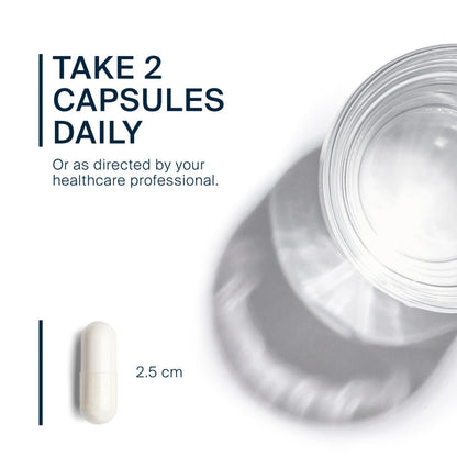 A picture of a white 2.5 cm capsule, with dosage instructions.