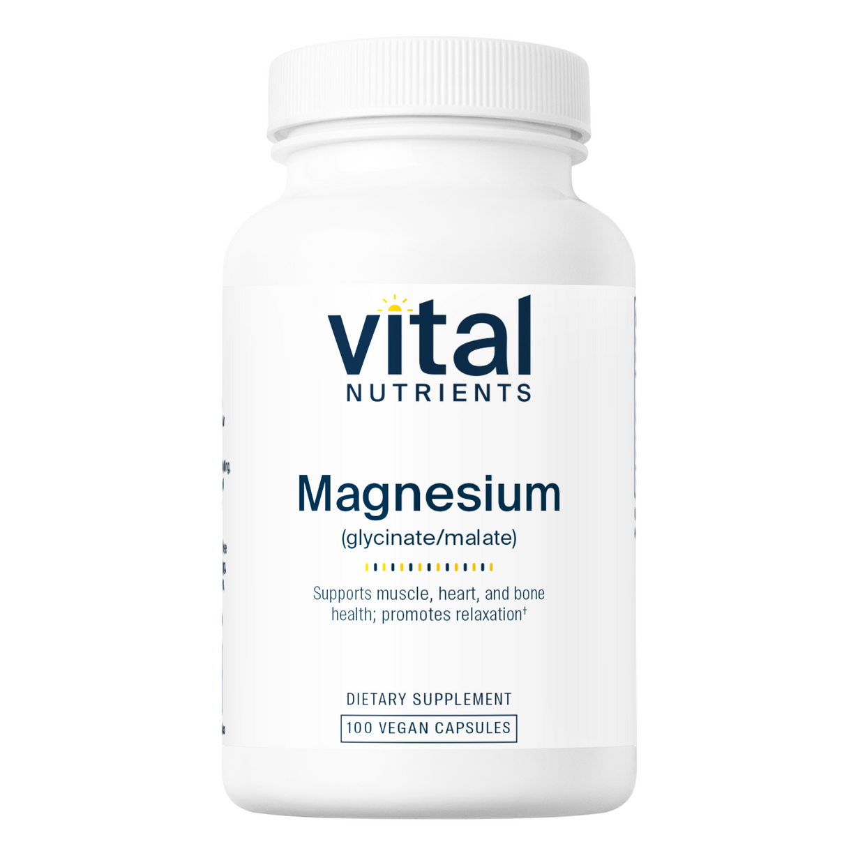 A bottle of Vital Nutrients Magnesium (glycinate/malate) 120mg dietary supplement with 100 vegan capsules.