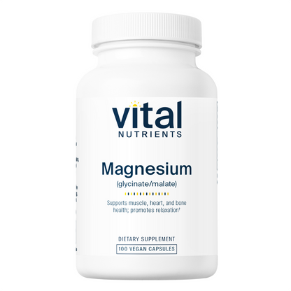 A bottle of Vital Nutrients Magnesium (glycinate/malate) 120mg dietary supplement with 100 vegan capsules.