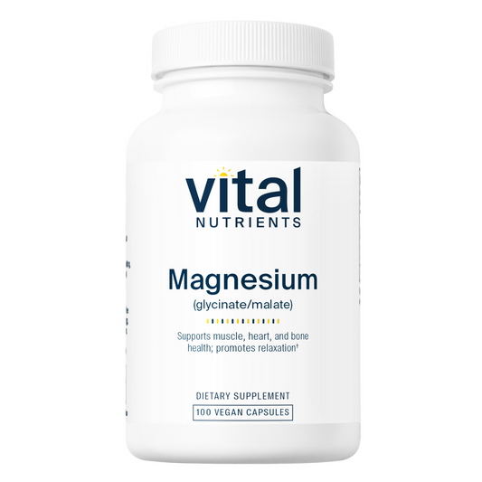 A bottle of Vital Nutrients Magnesium (glycinate/malate) 120mg dietary supplement with 100 vegan capsules.